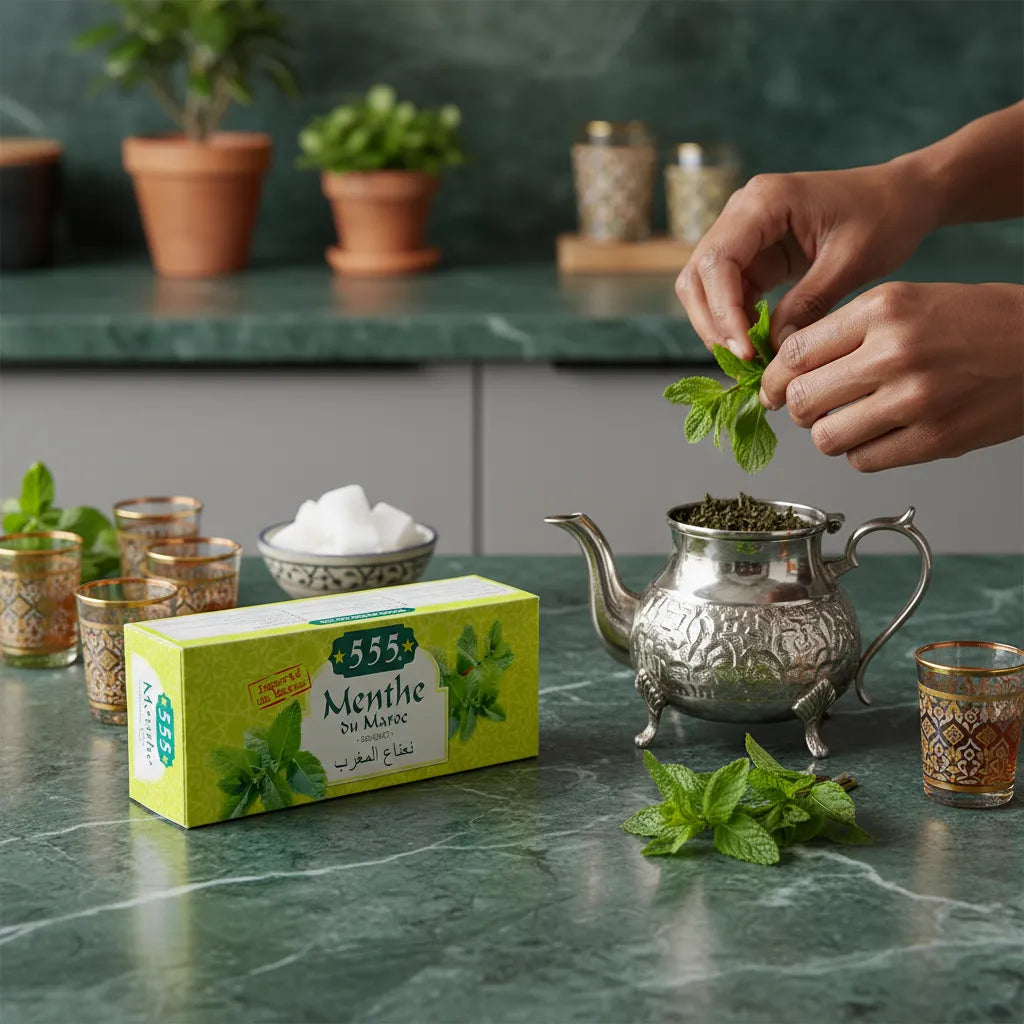 Préparation d'une infusion de thé menthe sèche NANA 555 avec théière marocaine, feuilles de menthe fraîches et verres à thé traditionnels.